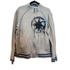 Calvin Klein Mens Full-Zip Jacket XL Gray Compass Graphic Ribbed Striped Trim Co